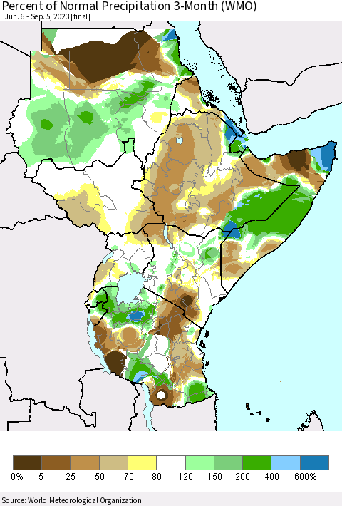 Eastern Africa Percent of Normal Precipitation 3-Month (WMO) Thematic Map For 6/6/2023 - 9/5/2023