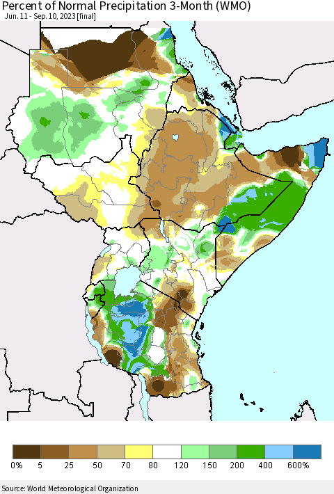 Eastern Africa Percent of Normal Precipitation 3-Month (WMO) Thematic Map For 6/11/2023 - 9/10/2023
