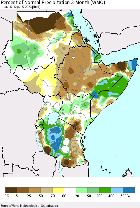 Eastern Africa Percent of Normal Precipitation 3-Month (WMO) Thematic Map For 6/16/2023 - 9/15/2023