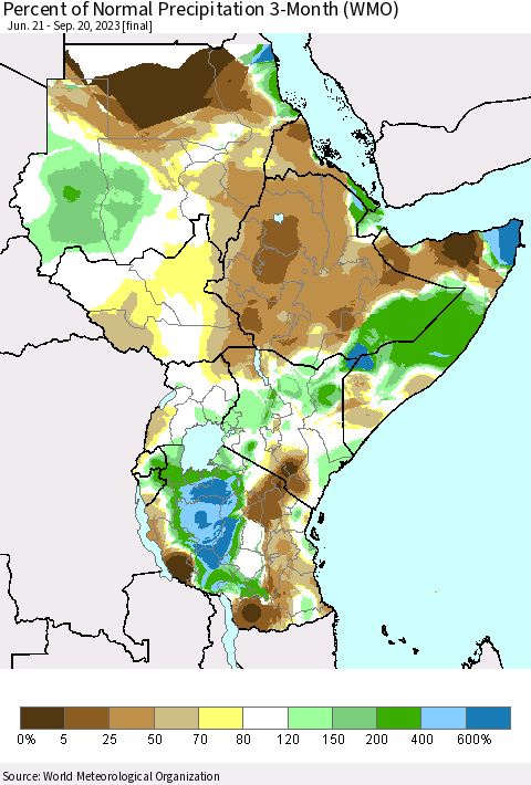 Eastern Africa Percent of Normal Precipitation 3-Month (WMO) Thematic Map For 6/21/2023 - 9/20/2023