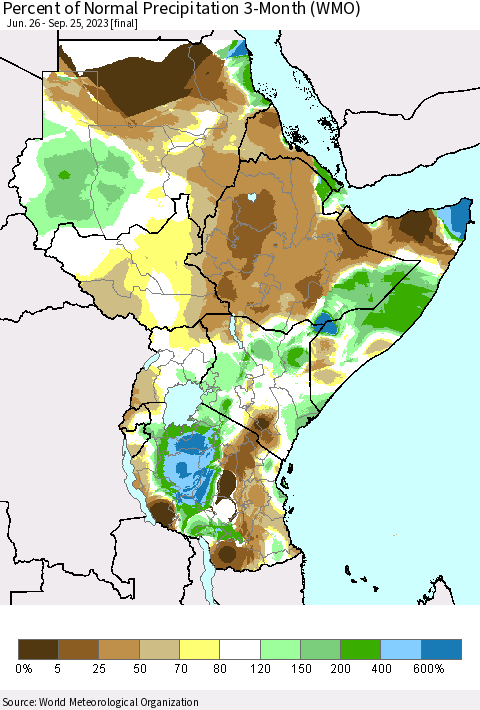 Eastern Africa Percent of Normal Precipitation 3-Month (WMO) Thematic Map For 6/26/2023 - 9/25/2023
