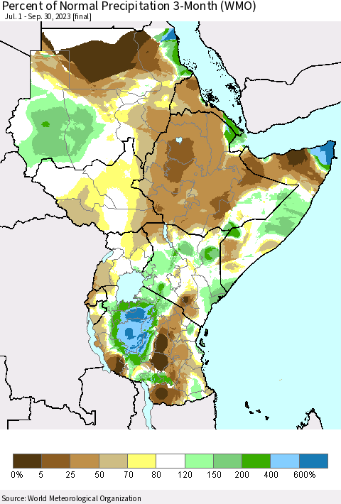 Eastern Africa Percent of Normal Precipitation 3-Month (WMO) Thematic Map For 7/1/2023 - 9/30/2023