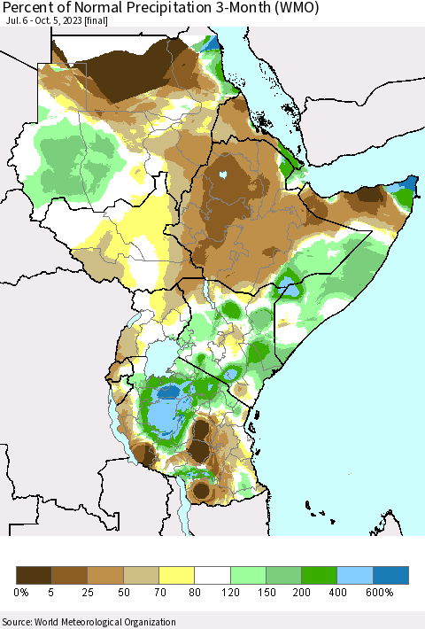 Eastern Africa Percent of Normal Precipitation 3-Month (WMO) Thematic Map For 7/6/2023 - 10/5/2023