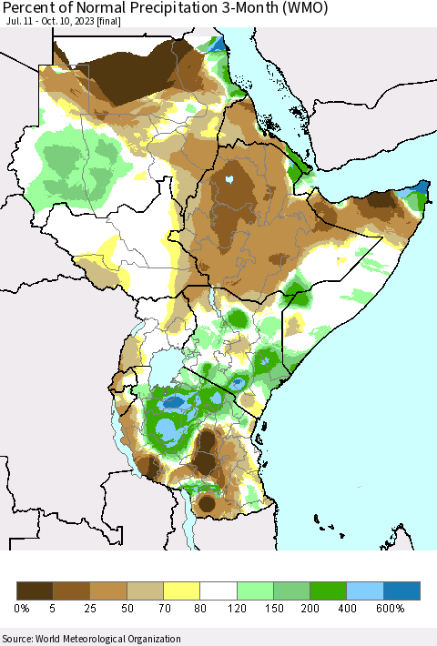 Eastern Africa Percent of Normal Precipitation 3-Month (WMO) Thematic Map For 7/11/2023 - 10/10/2023