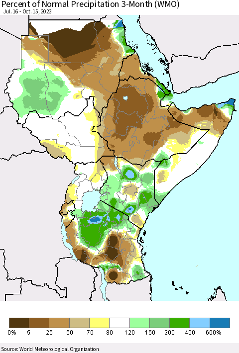 Eastern Africa Percent of Normal Precipitation 3-Month (WMO) Thematic Map For 7/16/2023 - 10/15/2023