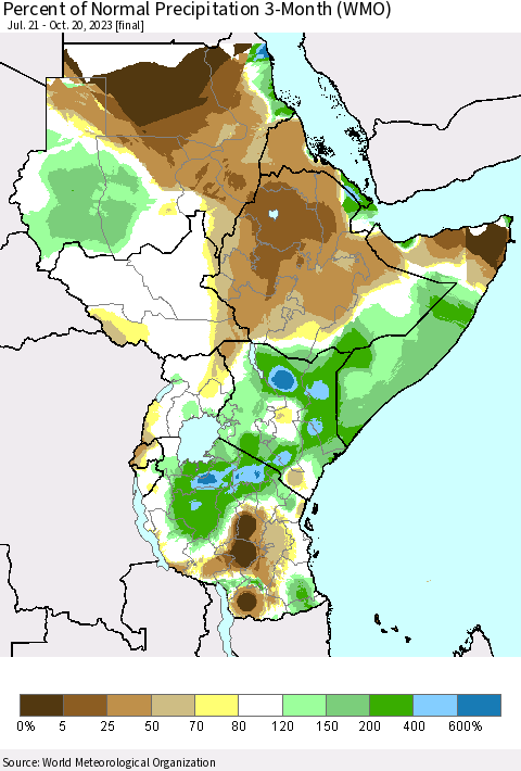 Eastern Africa Percent of Normal Precipitation 3-Month (WMO) Thematic Map For 7/21/2023 - 10/20/2023