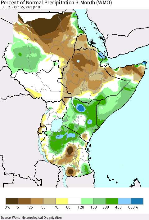 Eastern Africa Percent of Normal Precipitation 3-Month (WMO) Thematic Map For 7/26/2023 - 10/25/2023
