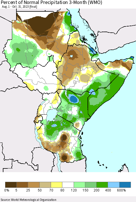 Eastern Africa Percent of Normal Precipitation 3-Month (WMO) Thematic Map For 8/1/2023 - 10/31/2023