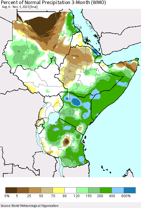 Eastern Africa Percent of Normal Precipitation 3-Month (WMO) Thematic Map For 8/6/2023 - 11/5/2023