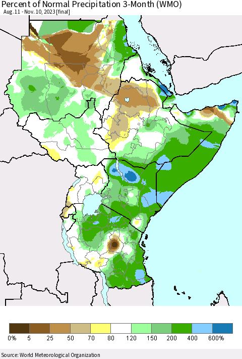 Eastern Africa Percent of Normal Precipitation 3-Month (WMO) Thematic Map For 8/11/2023 - 11/10/2023