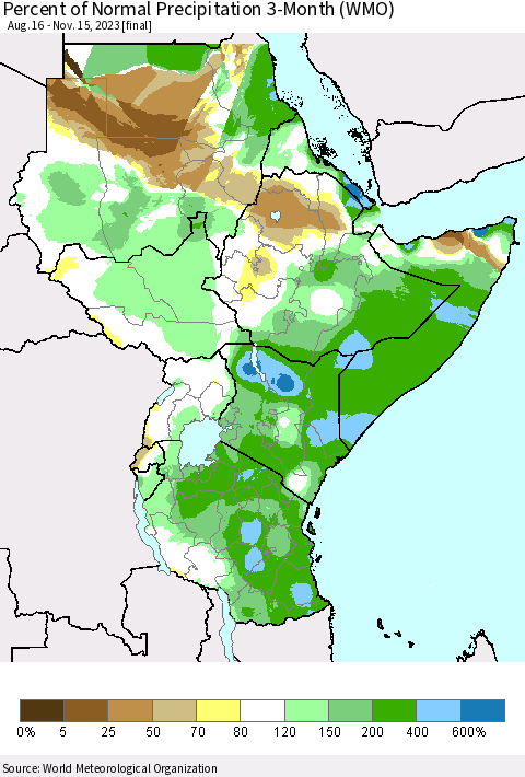 Eastern Africa Percent of Normal Precipitation 3-Month (WMO) Thematic Map For 8/16/2023 - 11/15/2023