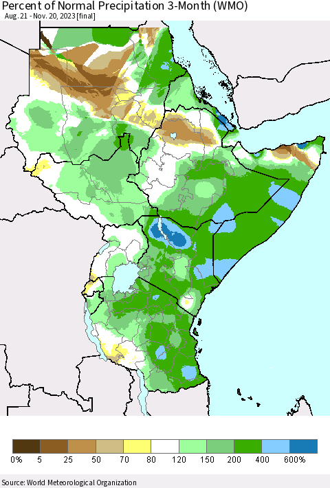 Eastern Africa Percent of Normal Precipitation 3-Month (WMO) Thematic Map For 8/21/2023 - 11/20/2023