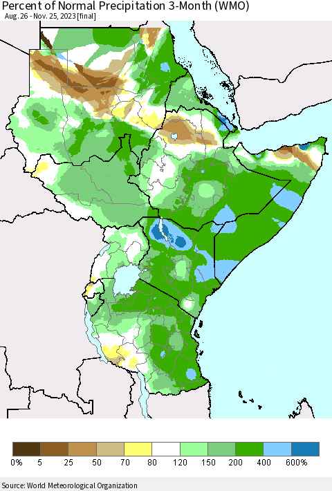 Eastern Africa Percent of Normal Precipitation 3-Month (WMO) Thematic Map For 8/26/2023 - 11/25/2023