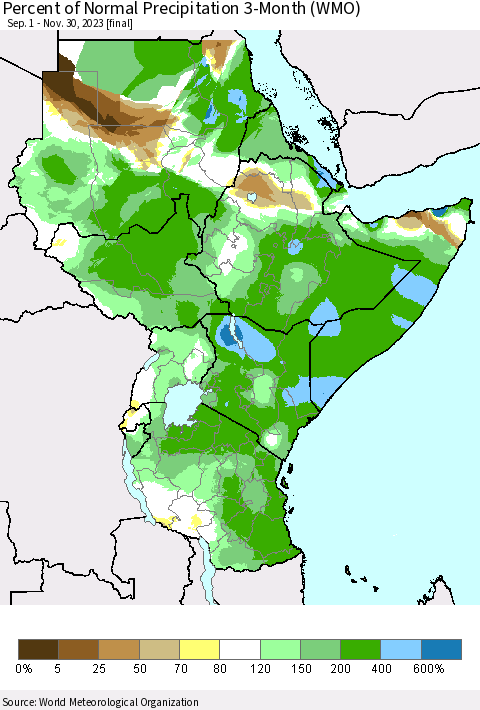 Eastern Africa Percent of Normal Precipitation 3-Month (WMO) Thematic Map For 9/1/2023 - 11/30/2023