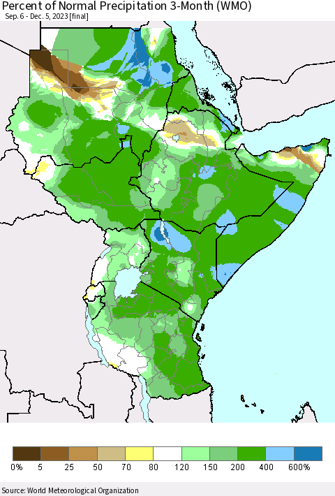 Eastern Africa Percent of Normal Precipitation 3-Month (WMO) Thematic Map For 9/6/2023 - 12/5/2023
