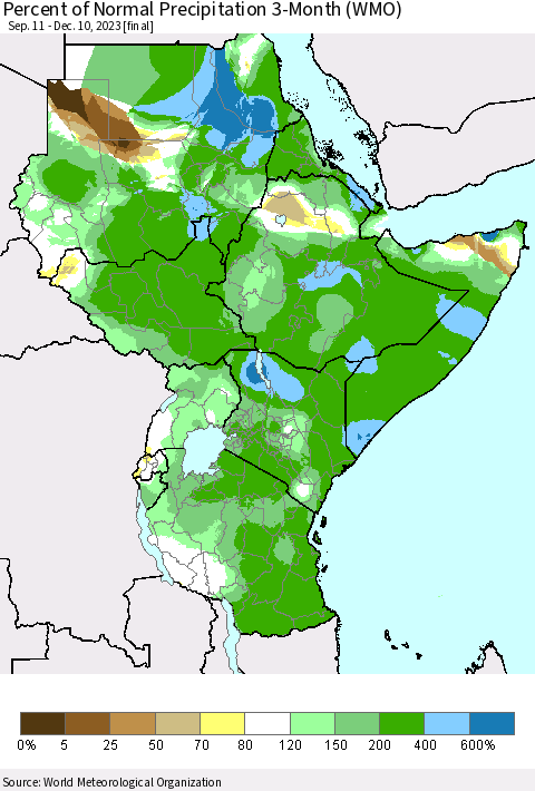 Eastern Africa Percent of Normal Precipitation 3-Month (WMO) Thematic Map For 9/11/2023 - 12/10/2023