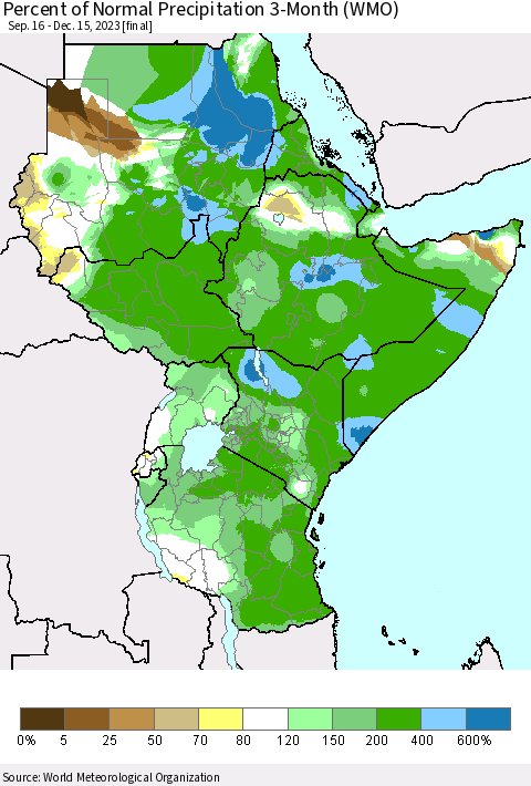 Eastern Africa Percent of Normal Precipitation 3-Month (WMO) Thematic Map For 9/16/2023 - 12/15/2023