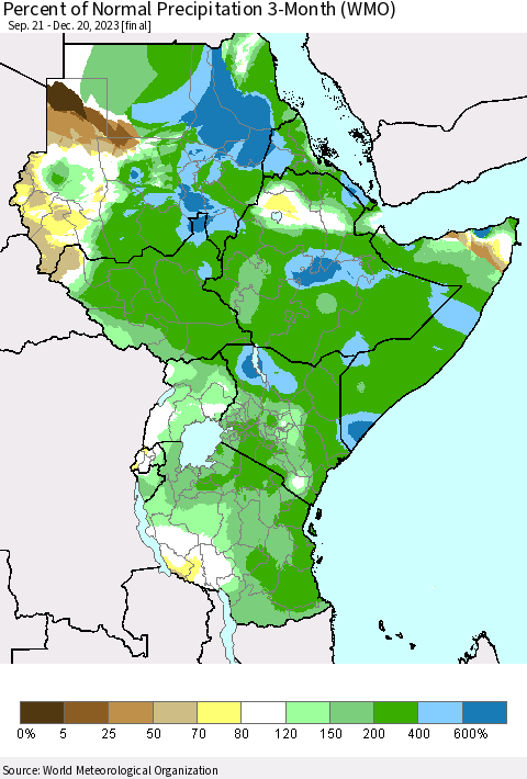 Eastern Africa Percent of Normal Precipitation 3-Month (WMO) Thematic Map For 9/21/2023 - 12/20/2023