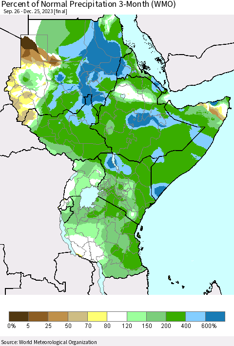 Eastern Africa Percent of Normal Precipitation 3-Month (WMO) Thematic Map For 9/26/2023 - 12/25/2023