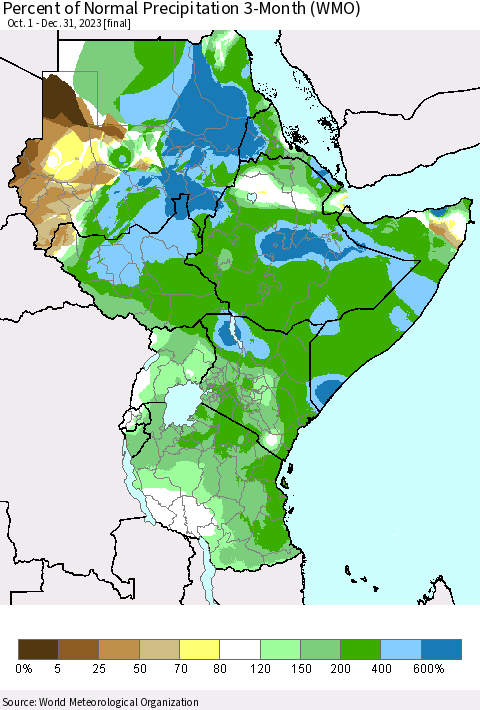 Eastern Africa Percent of Normal Precipitation 3-Month (WMO) Thematic Map For 10/1/2023 - 12/31/2023