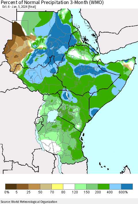 Eastern Africa Percent of Normal Precipitation 3-Month (WMO) Thematic Map For 10/6/2023 - 1/5/2024