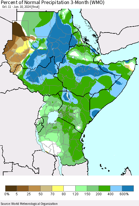 Eastern Africa Percent of Normal Precipitation 3-Month (WMO) Thematic Map For 10/11/2023 - 1/10/2024