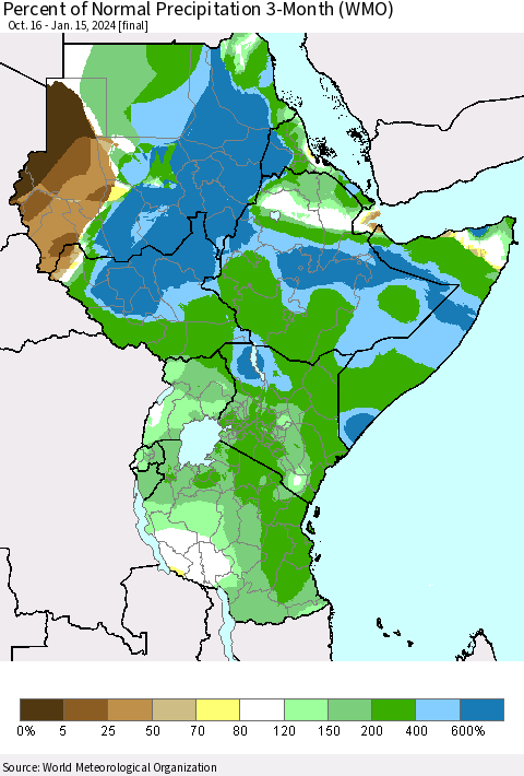 Eastern Africa Percent of Normal Precipitation 3-Month (WMO) Thematic Map For 10/16/2023 - 1/15/2024