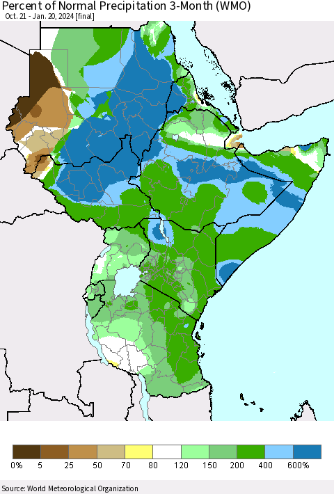 Eastern Africa Percent of Normal Precipitation 3-Month (WMO) Thematic Map For 10/21/2023 - 1/20/2024