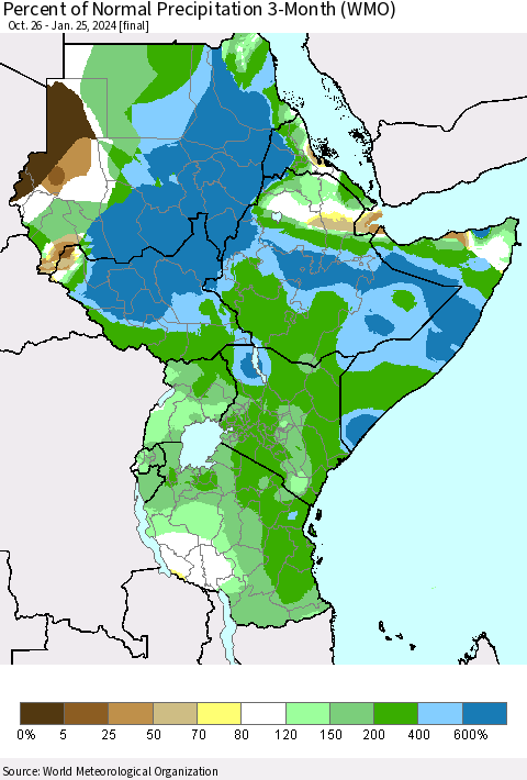 Eastern Africa Percent of Normal Precipitation 3-Month (WMO) Thematic Map For 10/26/2023 - 1/25/2024