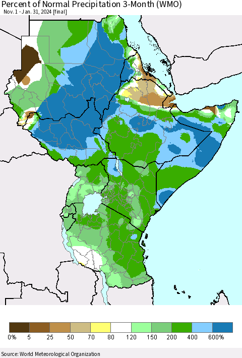 Eastern Africa Percent of Normal Precipitation 3-Month (WMO) Thematic Map For 11/1/2023 - 1/31/2024