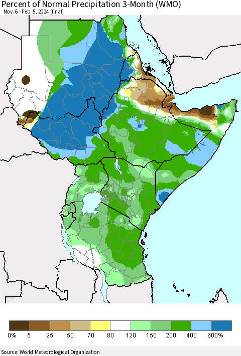 Eastern Africa Percent of Normal Precipitation 3-Month (WMO) Thematic Map For 11/6/2023 - 2/5/2024