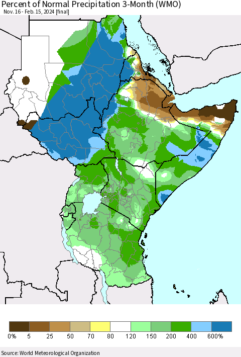 Eastern Africa Percent of Normal Precipitation 3-Month (WMO) Thematic Map For 11/16/2023 - 2/15/2024