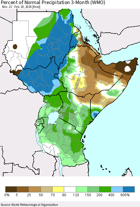 Eastern Africa Percent of Normal Precipitation 3-Month (WMO) Thematic Map For 11/21/2023 - 2/20/2024