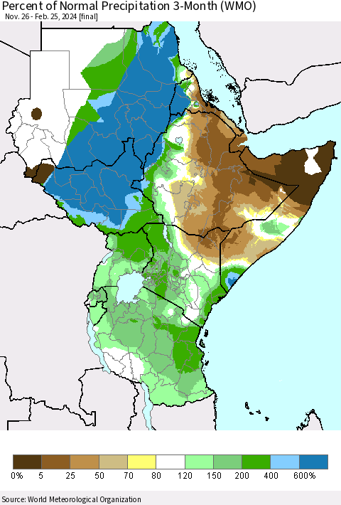 Eastern Africa Percent of Normal Precipitation 3-Month (WMO) Thematic Map For 11/26/2023 - 2/25/2024