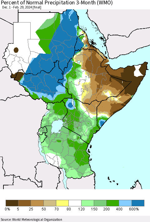 Eastern Africa Percent of Normal Precipitation 3-Month (WMO) Thematic Map For 12/1/2023 - 2/29/2024