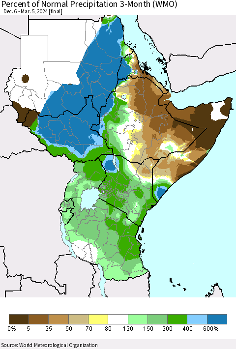Eastern Africa Percent of Normal Precipitation 3-Month (WMO) Thematic Map For 12/6/2023 - 3/5/2024