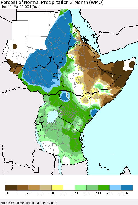 Eastern Africa Percent of Normal Precipitation 3-Month (WMO) Thematic Map For 12/11/2023 - 3/10/2024
