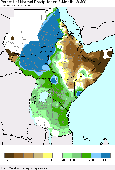 Eastern Africa Percent of Normal Precipitation 3-Month (WMO) Thematic Map For 12/16/2023 - 3/15/2024