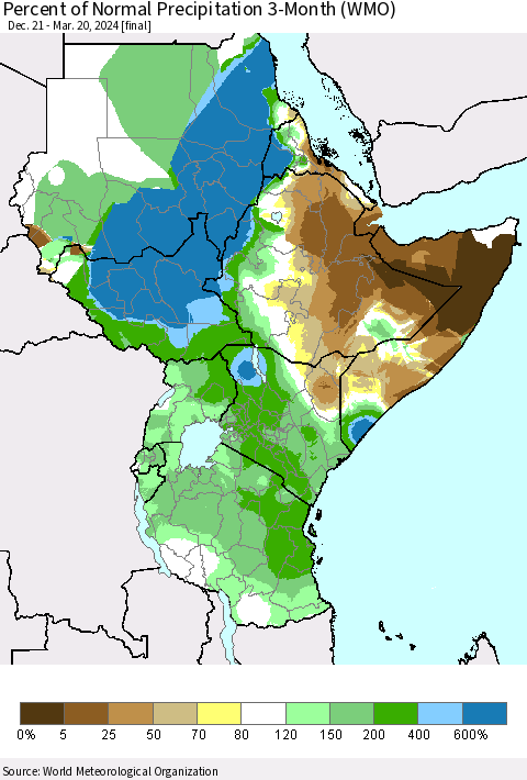 Eastern Africa Percent of Normal Precipitation 3-Month (WMO) Thematic Map For 12/21/2023 - 3/20/2024