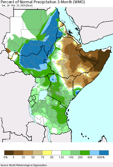 Eastern Africa Percent of Normal Precipitation 3-Month (WMO) Thematic Map For 12/26/2023 - 3/25/2024