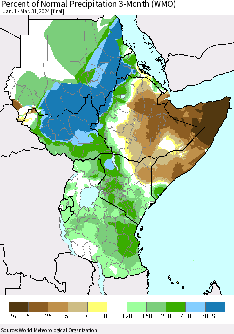 Eastern Africa Percent of Normal Precipitation 3-Month (WMO) Thematic Map For 1/1/2024 - 3/31/2024