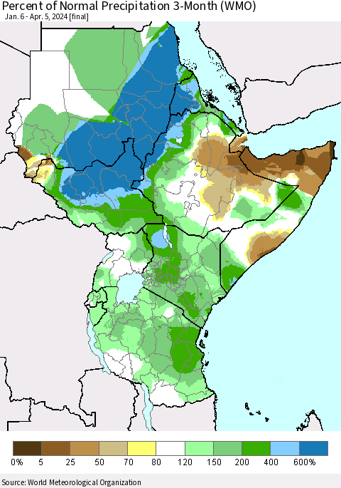 Eastern Africa Percent of Normal Precipitation 3-Month (WMO) Thematic Map For 1/6/2024 - 4/5/2024