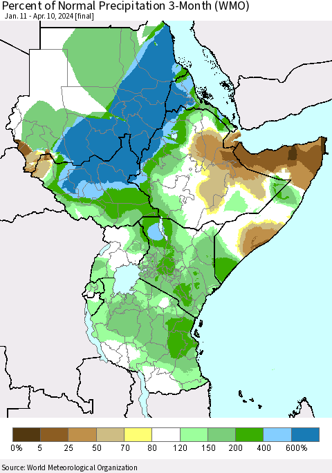 Eastern Africa Percent of Normal Precipitation 3-Month (WMO) Thematic Map For 1/11/2024 - 4/10/2024