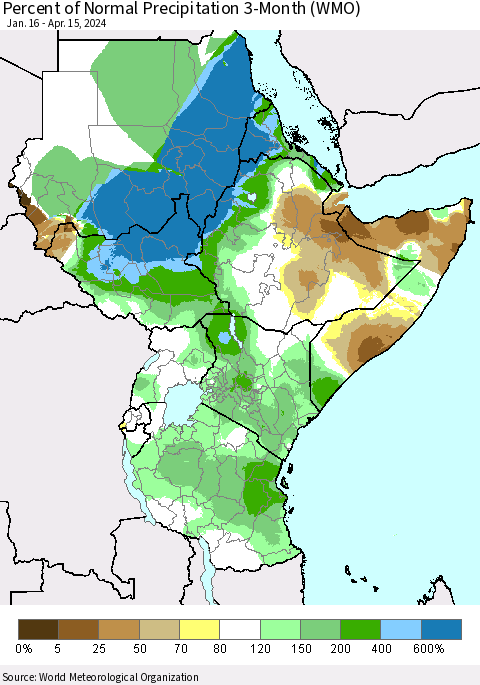 Eastern Africa Percent of Normal Precipitation 3-Month (WMO) Thematic Map For 1/16/2024 - 4/15/2024