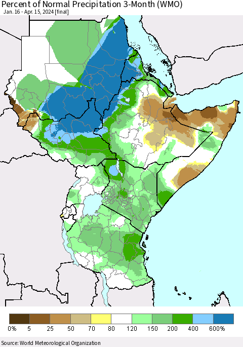 Eastern Africa Percent of Normal Precipitation 3-Month (WMO) Thematic Map For 1/16/2024 - 4/15/2024
