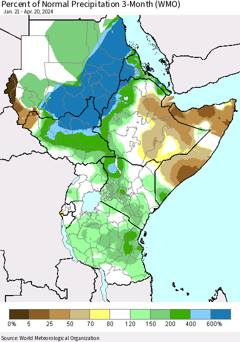 Eastern Africa Percent of Normal Precipitation 3-Month (WMO) Thematic Map For 1/21/2024 - 4/20/2024