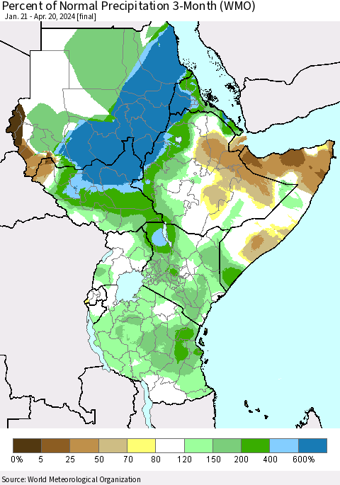 Eastern Africa Percent of Normal Precipitation 3-Month (WMO) Thematic Map For 1/21/2024 - 4/20/2024