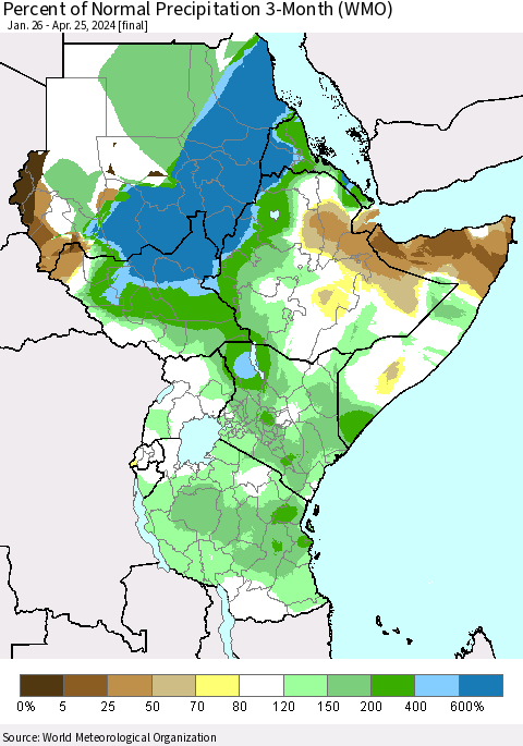 Eastern Africa Percent of Normal Precipitation 3-Month (WMO) Thematic Map For 1/26/2024 - 4/25/2024