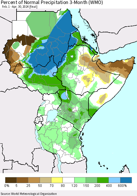 Eastern Africa Percent of Normal Precipitation 3-Month (WMO) Thematic Map For 2/1/2024 - 4/30/2024