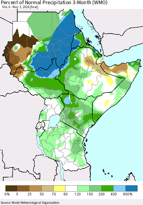 Eastern Africa Percent of Normal Precipitation 3-Month (WMO) Thematic Map For 2/6/2024 - 5/5/2024